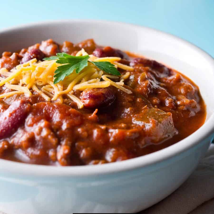 Close up image of Slow Cooker Chili in a white bowl