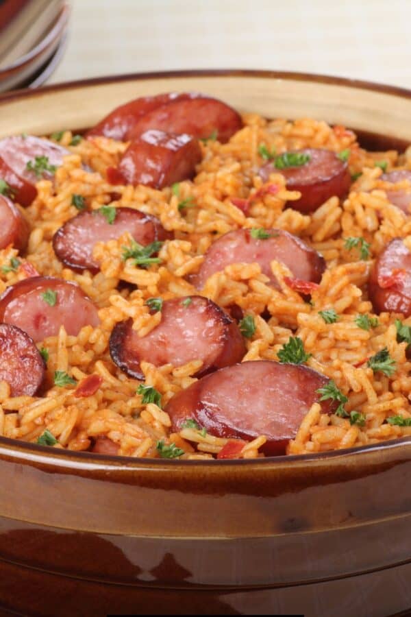 Smoked Sausage and Rice in a brown bowl