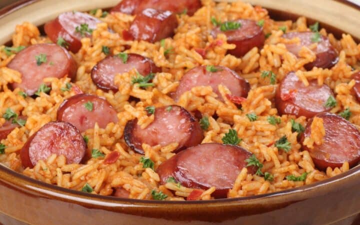 Smoked Sausage and Rice in a brown bowl