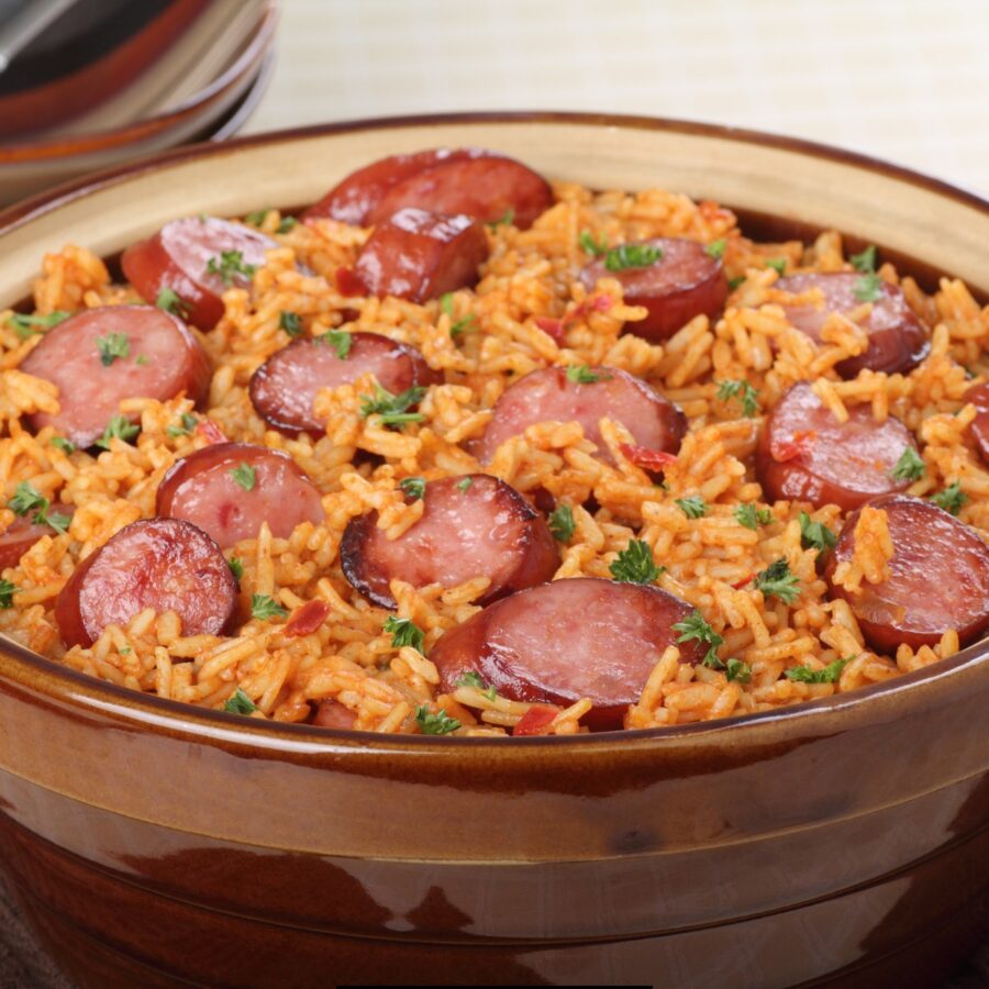 Smoked Sausage and Rice in a brown bowl