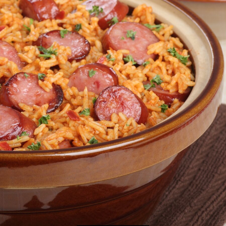 Close up image of Smoked Sausage and Rice in a bowl