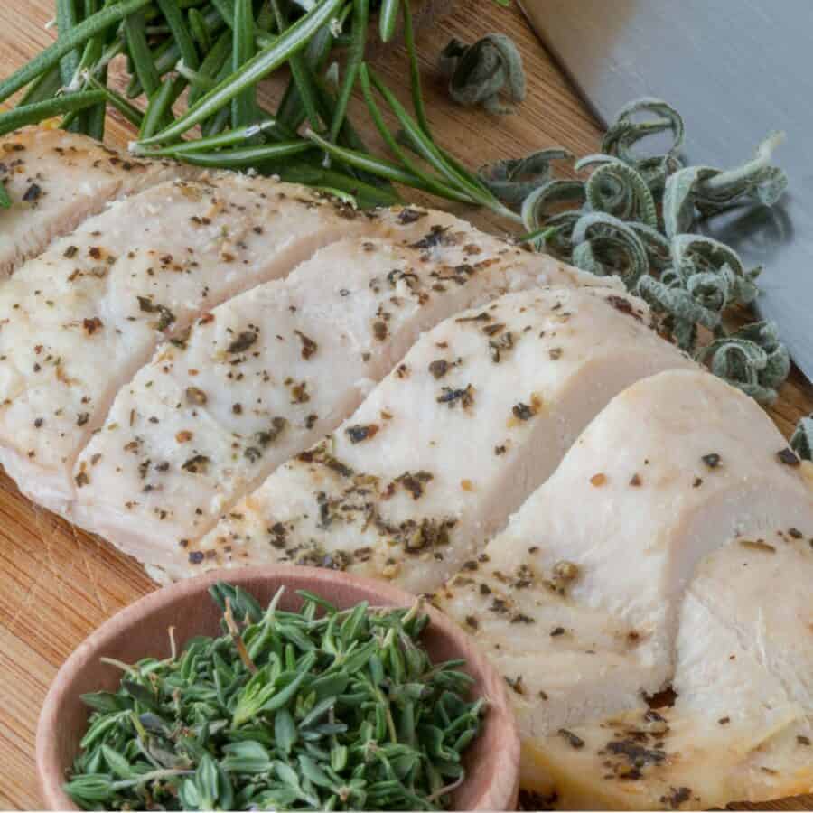 Close up image of a sliced Sous Vide Chicken Breast