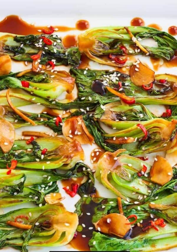 Overhead image of Air Fryer Bok Choy on a white platter