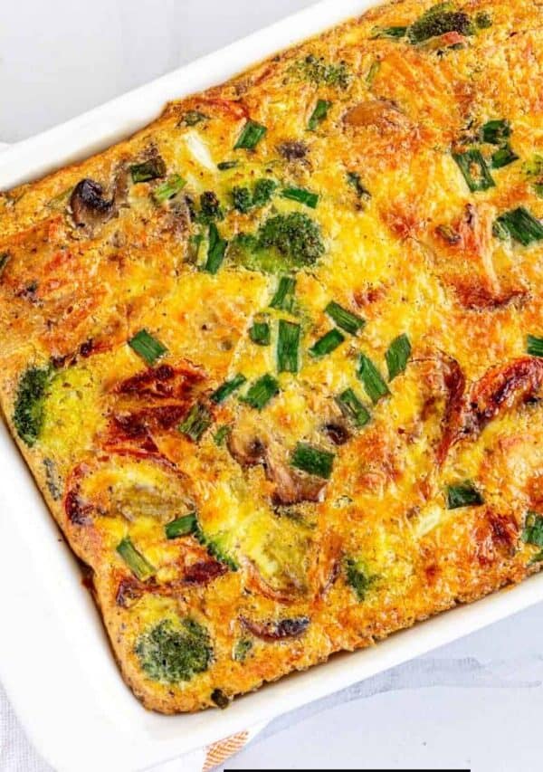 Overhead image of the best breakfast casserole in a white baking dish