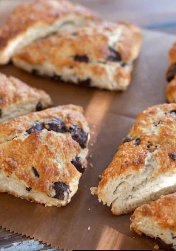 Chocolate Chip Scones on a wooden surface