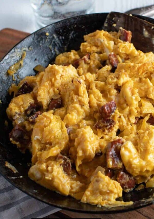 Overhead image of Chorizo and Eggs in a black dish