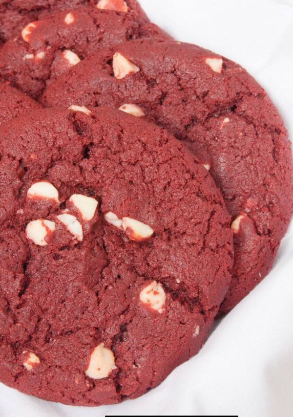 Close up image of Red Velvet Cookies on a white background