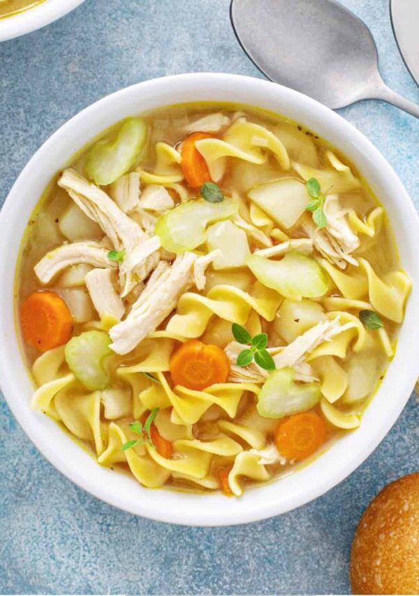 Overhead image of Rotisserie Chicken Soup on a blue background