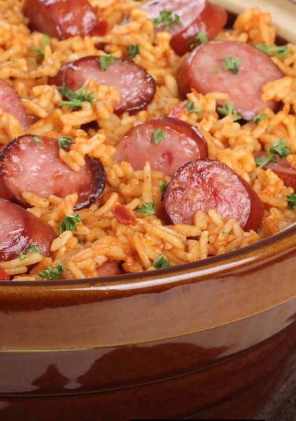 Close up image of Smoked Sausage and Rice in a bowl