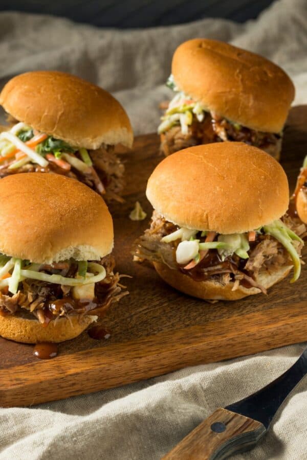 Pulled Pork Sliders on a wooden cutting board