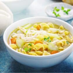 Close up image of Rotisserie Chicken Soup in a white bowl