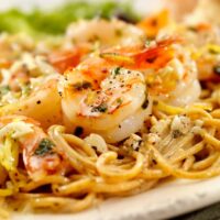 Close up image of Shrimp Scampi Pasta on a plate