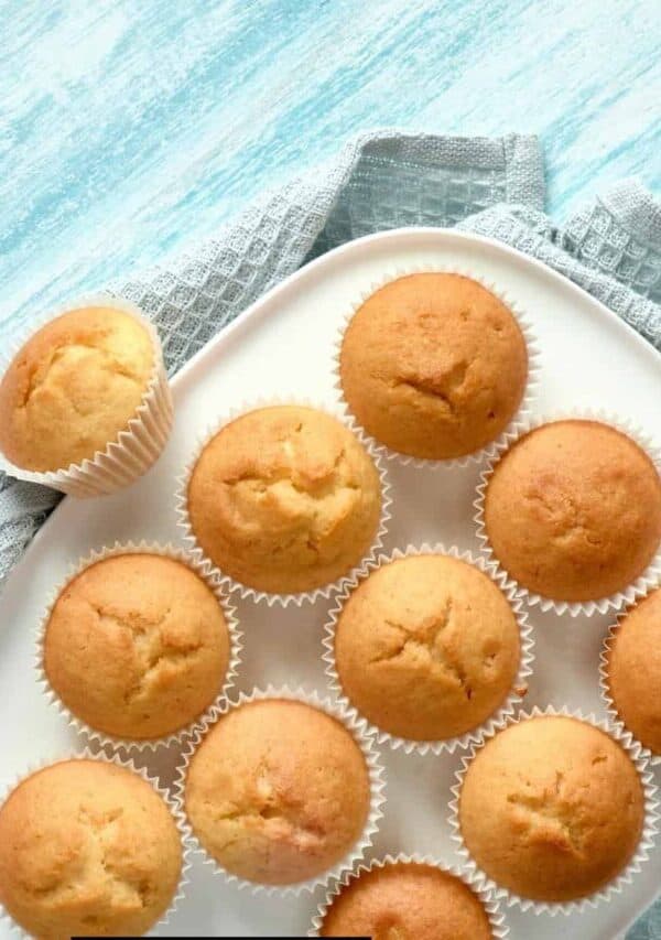 Overhead image of Lemon Muffins on a white serving tray