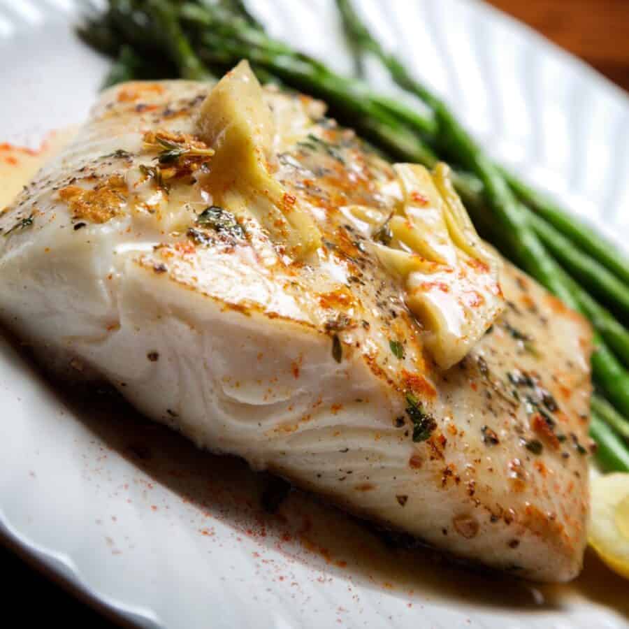 Close up image of Air Fryer Halibut on a white plate