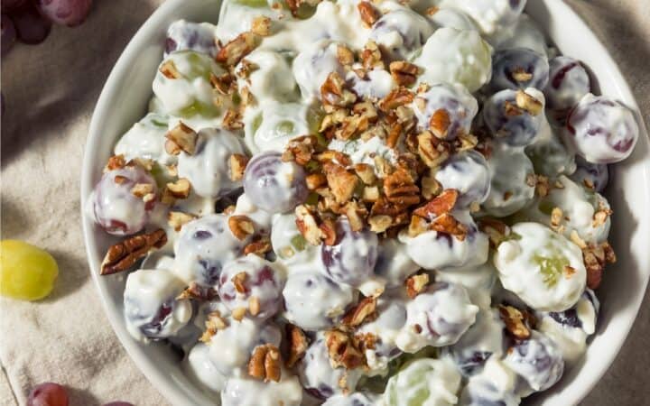 Overhead image of Grape Salad in a white bowl