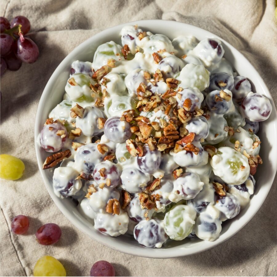 Overhead image of Grape Salad in a white bowl