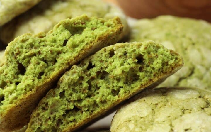 Close up image of Matcha Cookies with one broken apart
