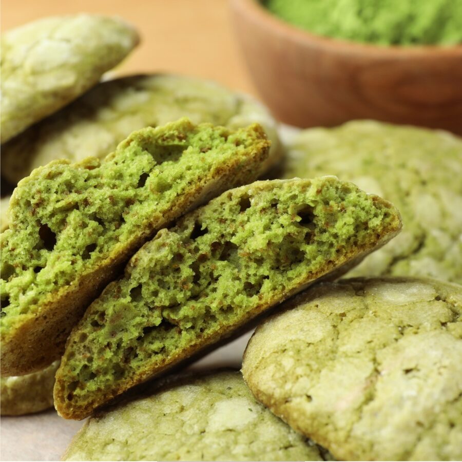 Close up image of Matcha Cookies with one broken apart