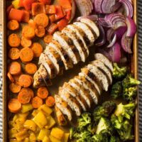 Overhead image of sheet pan chicken and veggies