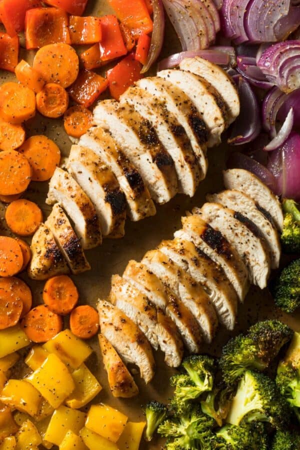 Overhead image of sheet pan chicken and veggies