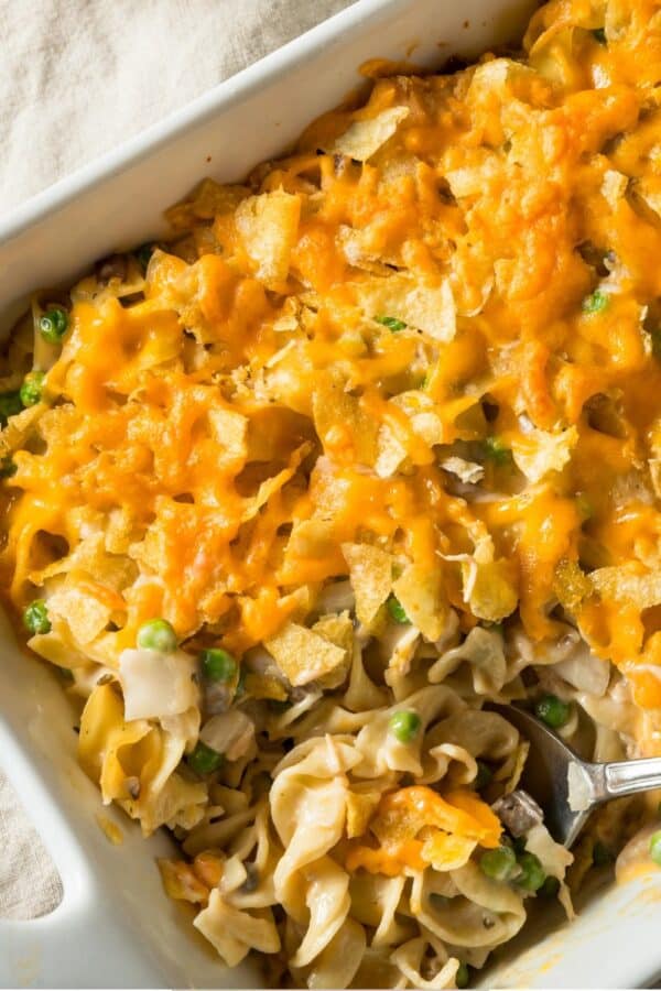 Overhead image of Tuna Casserole in a baking dish