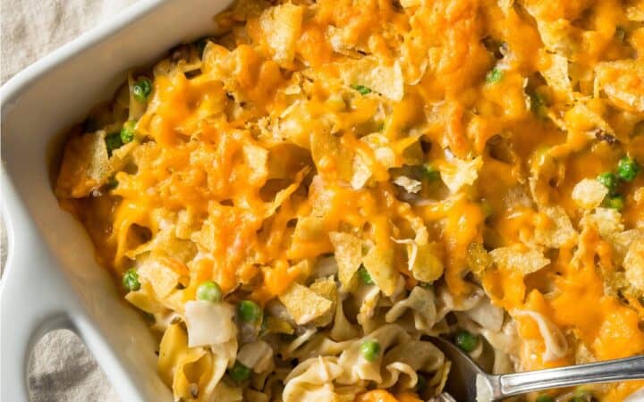 Overhead image of Tuna Casserole in a baking dish