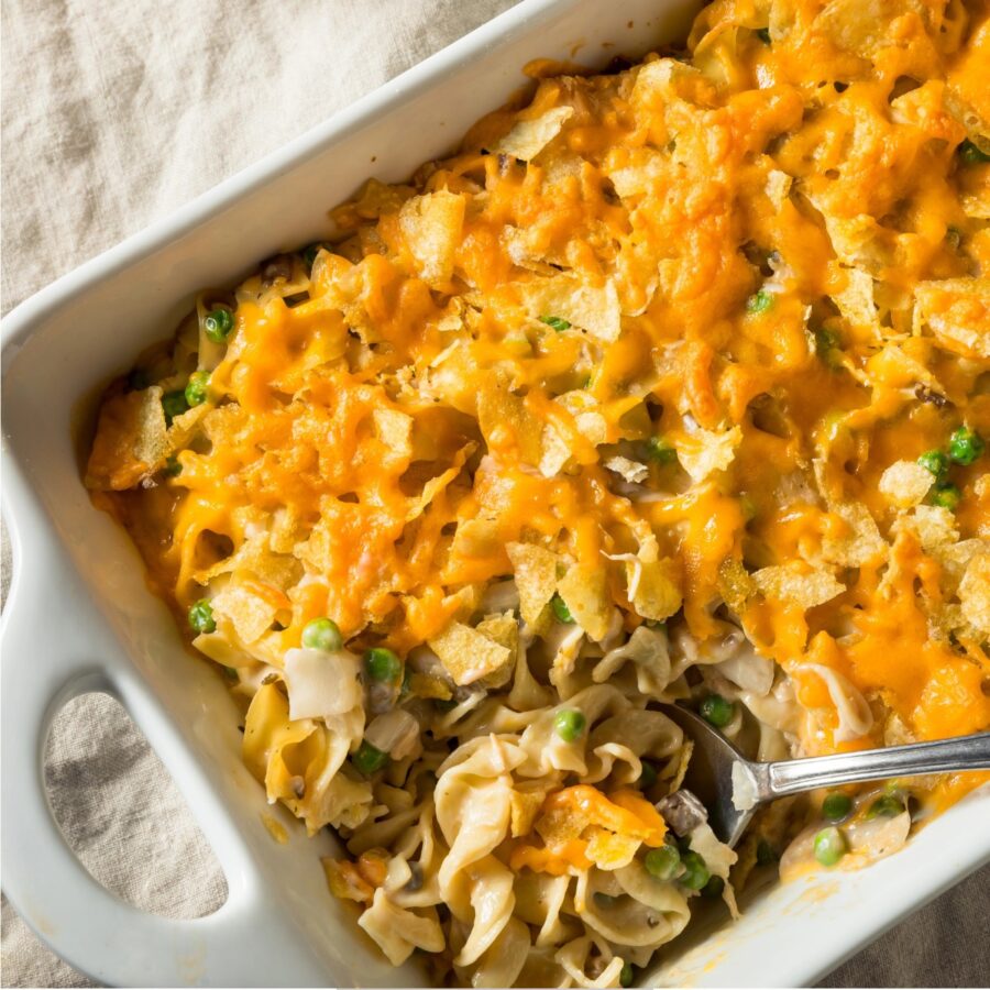 Overhead image of Tuna Casserole in a baking dish