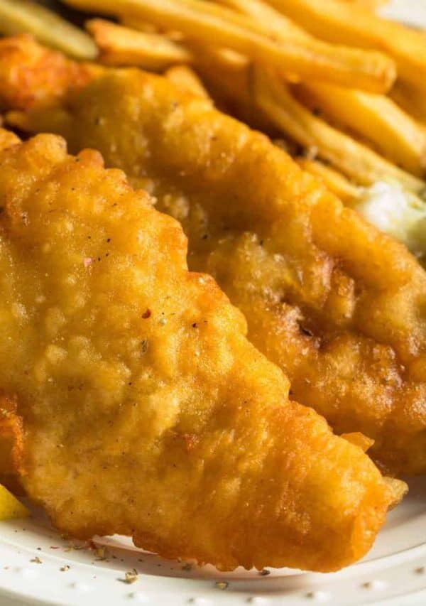 Close up image of Beer Battered Fish on a white plate