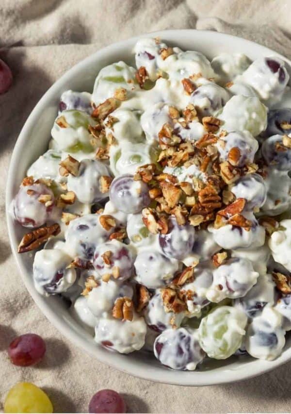 Overhead image of Grape Salad in a white bowl