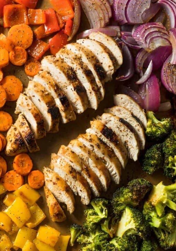 Overhead image of sheet pan chicken and veggies