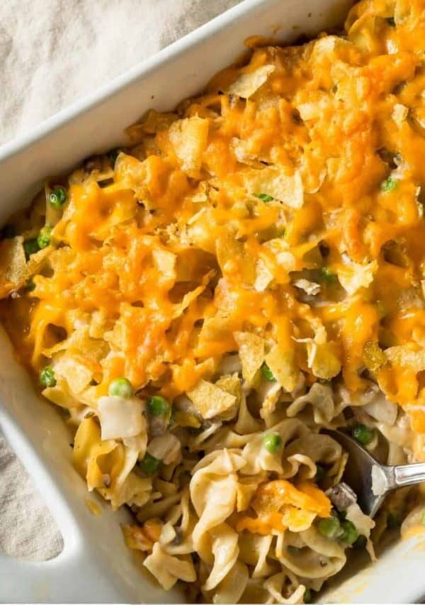 Overhead image of Tuna Casserole in a baking dish