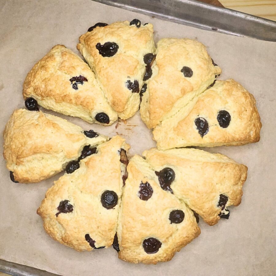 Baked Blueberry Scones on a baking sheet with parchment paper