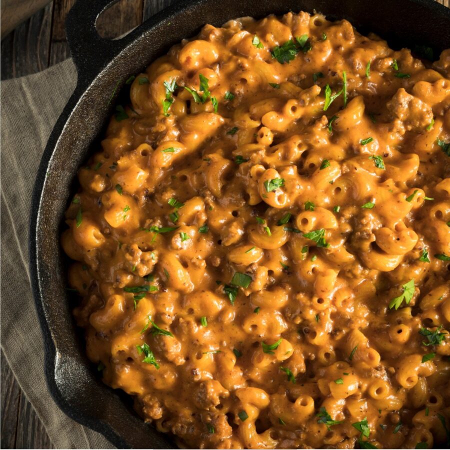 Overhead image of Cheeseburger Mac in a cast iron skillet