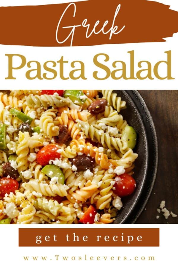 Greek Pasta Salad Pin with text overlay