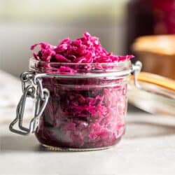 Pickled red cabbage in a glass jar