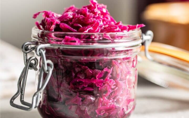 Pickled red cabbage in a glass jar