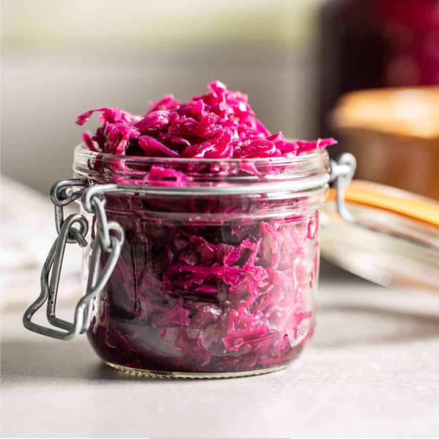 Pickled red cabbage in a glass jar