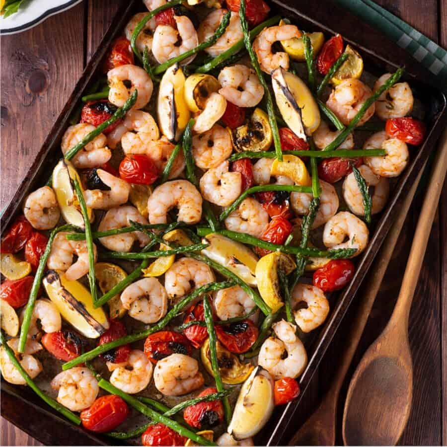 Overhead image of Sheet Pan Shrimp with veggies