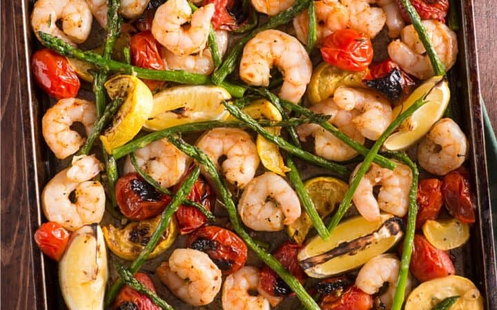 Close up image of Sheet Pan Shrimp with veggies