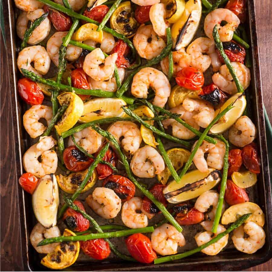 Close up image of Sheet Pan Shrimp with veggies