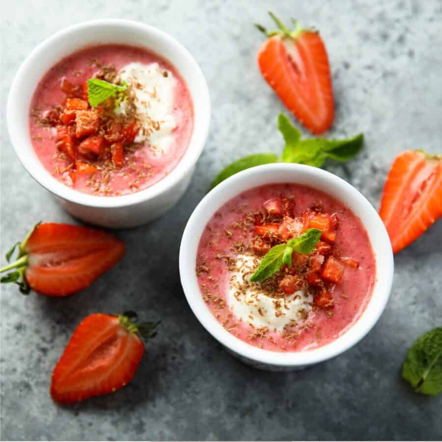 Overhead image of two bowls of Strawberry Soup