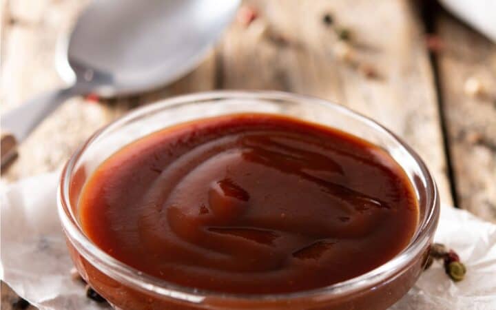 Close up image of sugar free bbq sauce in a glass bowl