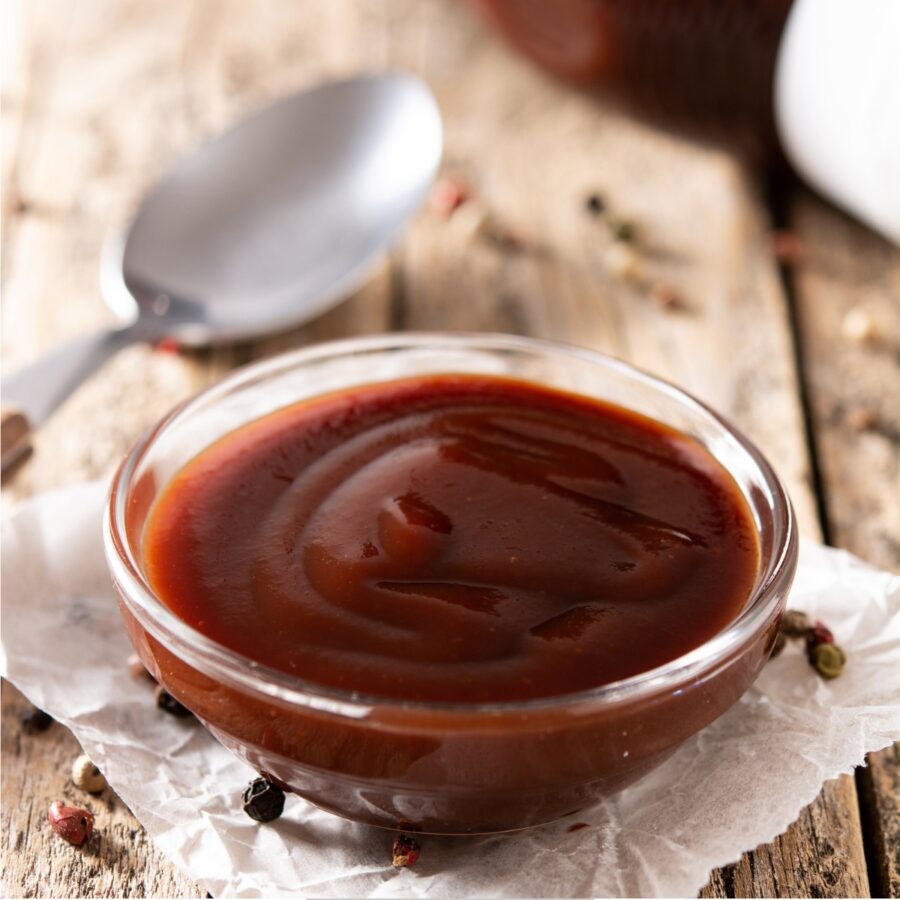 Close up image of sugar free bbq sauce in a glass bowl