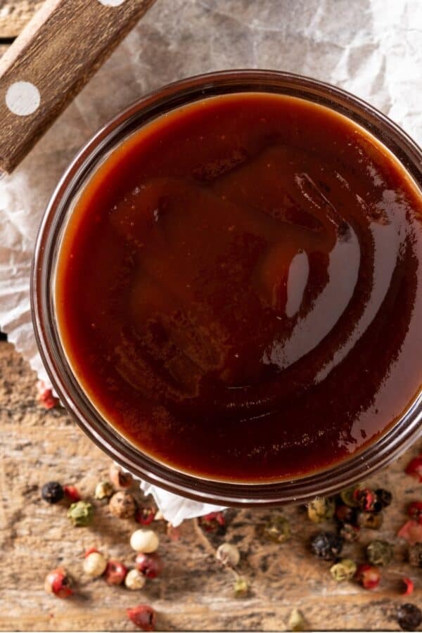 Overhead image of sugar free bbq sauce in a glass bowl