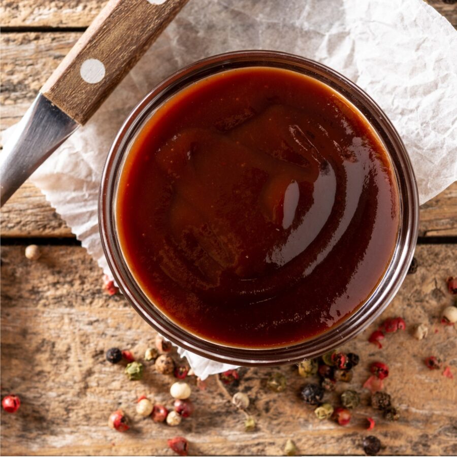 Overhead image of sugar free bbq sauce in a glass bowl