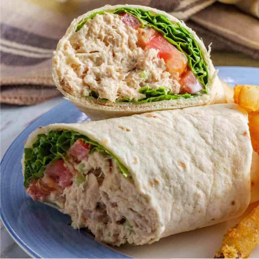 A Tuna Wrap on a plate with french fries