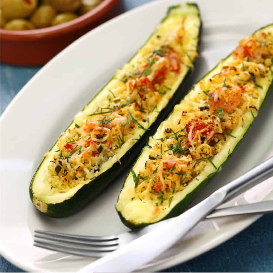 Close up image of Two Vegetarian Zucchini Boats