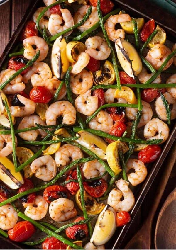 Overhead image of Sheet Pan Shrimp with veggies