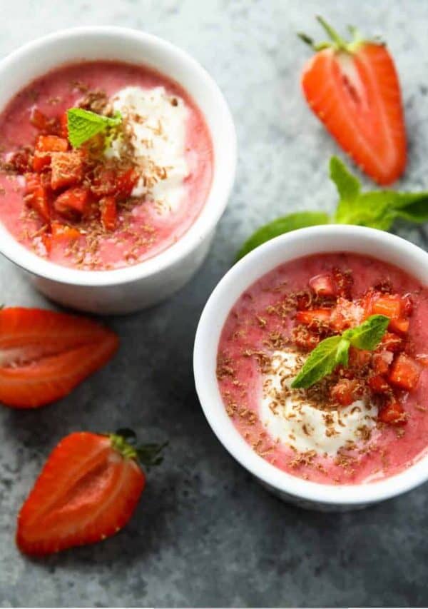 Overhead image of two bowls of Strawberry Soup