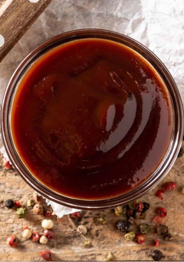 Overhead image of sugar free bbq sauce in a glass bowl